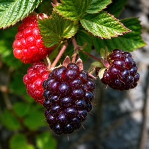 May include: A cluster of ripe blackberries and red raspberries hanging from a green leafy stem. The blackberries are dark purple and textured with small drupelets, while the raspberries are bright red and round. The leaves are serrated.