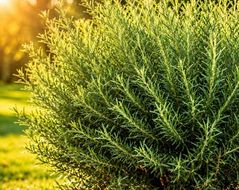May include: A lush, green rosemary bush with slender, needle-like leaves, bathed in sunlight. The plant is the focal point, set against a blurred backdrop of green grass and a bright, golden sun. The bush is planted in dark brown mulch.