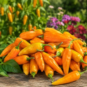 May include: A large pile of fresh, vibrant orange chilli peppers with green stems resting on a weathered wooden surface. The peppers are elongated and smooth, showcasing various shades of bright orange, with a blurred garden background.