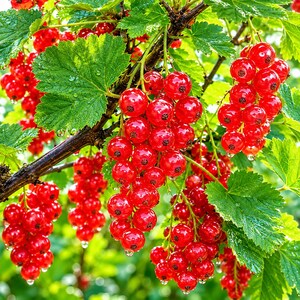 May include: Image of redcurrants on a branch with green leaves. The ripe, red berries are clustered together, some with water droplets. The leaves are a vibrant green, and the background is blurred, creating a natural scene.
