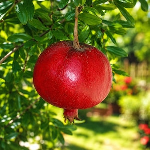 May include: A ripe, red pomegranate fruit hangs from a branch with green leaves. The fruit is round with a textured surface and a small, dried stem. The background is blurred, showing more green foliage and sunlight.