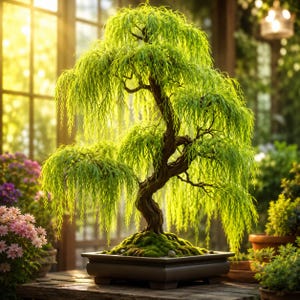 May include: A vibrant green bonsai tree with cascading leaves, set in a dark rectangular pot. The tree's trunk is a rich brown, and the base is covered in moss. The background features a sunlit garden with other plants and a wooden table.