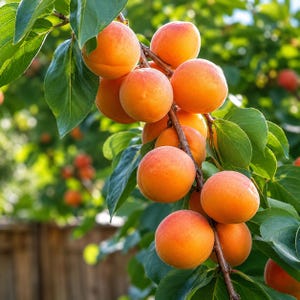 May include: A close-up of a branch laden with ripe apricots. The apricots are a vibrant orange color with a slight blush of red, and are surrounded by green leaves. The background is blurred, suggesting a sunny outdoor setting.