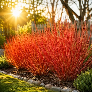 May include: A row of vibrant red-twig dogwood shrubs in a garden setting. The plants have slender, upright stems and are planted in a bed with a border of stones. The background features a bright sun and green foliage.