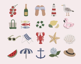 Summer Vibes Embroidery Design Bundle, Coastal Embroidery Files, Coast Sardines Lemon