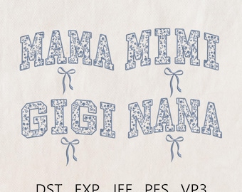 Blue Toile Floral Mama Bundle Embroidery Design, Mimi Gigi Nana Chinoiserie, Chinoiserie Mama Embroidery File, Coquette Mom with Bow