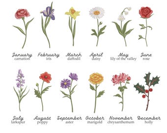 Birth Flower Bundle Embroidery, Birth Month Flower Embroidery, Embroidery Floral, Digital Flowers Pattern