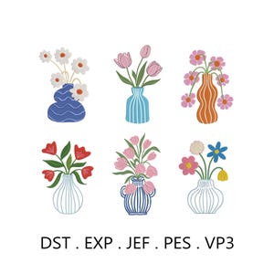 6 Floral Vase Embroidery Bundle Design, Spring Decor Machine Embroidery Digital File, Chinoiserie Floral Pot