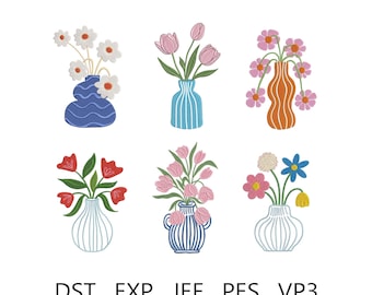 6 Floral Vase Embroidery Bundle Design, Spring Decor Machine Embroidery Digital File, Chinoiserie Floral Pot