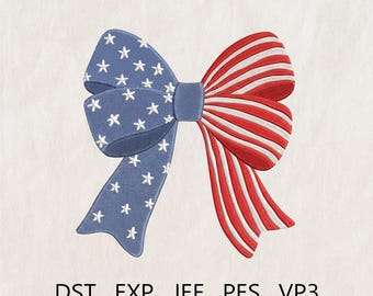 Coquette Patriotic Embroidery Bow Design, Patriotic Bow Embroidery File, 4th of July, Embroidered American Flag