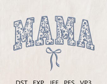 Blue Toile Floral Mama Embroidery Design, Mimi Gigi Nana Chinoiserie, Chinoiserie Mama Embroidery File, Coquette Mom with Bow