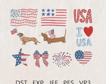 Embroidered 4 of July Bundle, Patriotic Dog Embroidery, American flag design, Patriotic USA Flag Embroidery, Fourth of July