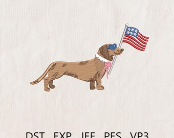 Coquette Dachshund Embroidery Design, Patriotic Dog Embroidery File, 4th of July, Patriotic Sausage Dog