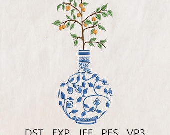 Chinoiserie Lemon Tree Embroidery Design, Topiary Rabbit in Blue White Pot, Summer Spring Decor Machine Embroidery Digital File