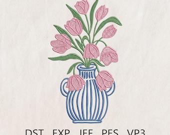 Chinoiserie Floral Pot Embroidery Design, Green Topiary in Blue White Pot, Spring Decor Machine Embroidery Digital File