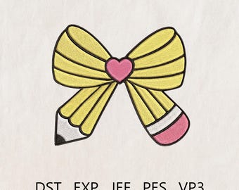 Pencil Bow Embroidery, Embroidered Teacher Coquette Bow, Back to School Embroidery