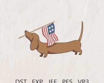 Coquette Dachshund Embroidery Design, Patriotic Dog Embroidery File, 4th of July, Patriotic Sausage Dog