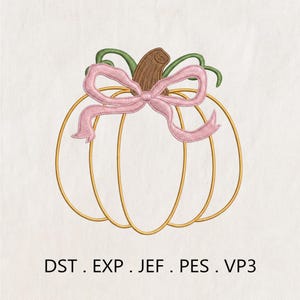 May include: An embroidery design of a pumpkin outlined in gold thread with a light pink ribbon bow tied at the top, featuring a brown stem and green vines. The text DST . EXP . JEF . PES . VP3 is printed in black at the bottom of the image.