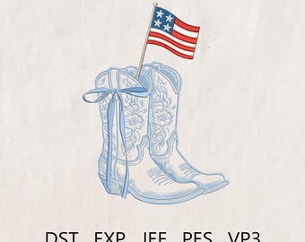 Patriotic Cowboy Embroidery, Cowgirl Boots Embroidery Design, Coquette Cowboy Boots, 4th of July