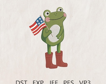 Patriotic Frog Embroidery Design, Funny Frog Embroidery File, 4th of July, Embroidered Frog