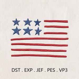 May include: Embroidered American flag design featuring six blue stars and seven red stripes on a cream-colored background. The text "DST. EXP. JEF. PES. VP3" is displayed at the bottom of the image.