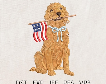Golden Retriever Patriotic Embroidery Design, Patriotic Dog Embroidery File, 4th of July, Goldendoodle with American Flag