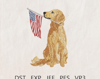 Golden Retriever Patriotic Embroidery Design, Patriotic Dog Embroidery File, 4th of July, Goldendoodle with American Flag