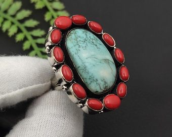 Handmade Turquoise Red Coral Sterling Silver Ring, Bohemian Statement Jewelry