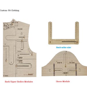 May include: A set of modular patternmaking tools for custom fit clothing. The kit features wooden modules labelled for bodice, sleeve, skirt, and trouser patterns. A back-wide ruler and waist belt modules are also included.