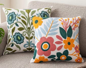 Floral Pillow Cover Set of 2, Embroidered Cushion Covers, couch Decor, Boho Throw Pillowcase, Botanical Home Decor