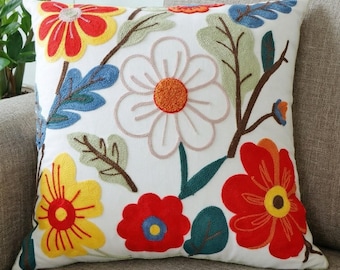 Capa de almofada floral colorida, almofada bordada, almofada boho, decoração cottagecore, almofada com estampa de flores da primavera, acessório para sala de estar