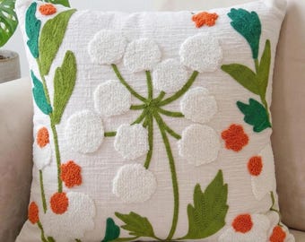 Tufted Floral Pillow Cover, Neutral Cushion Cover, Textured Botanical Decor, Minimalist Sofa Decor, Aesthetic Home Pillow Cover