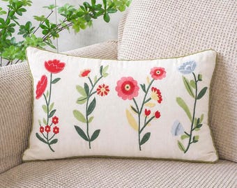 Embroidered Floral Pillow Cover, Minimalist Botanical Cushion, Nordic Folk Art Pillow, Lumbar Throw Pillow Case, Neutral Decor