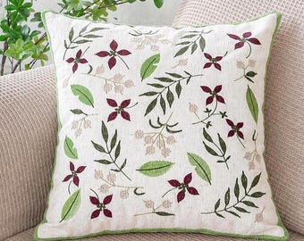 Embroidered Pillow Cover, Floral Cushion Cover, Cottagecore Throw Pillow, Green Leaf Pillow, Decorative Sofa Cushion