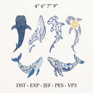 May include: An illustration featuring six marine life designs, including whales and sharks, with floral and dot patterns. The text "4" 6" 7" 9"" is at the top, and "DST - EXP - JEF - PES - VP3" is at the bottom. The designs are in shades of blue.