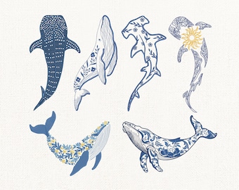 May include: An illustration featuring six marine life designs, including whales and sharks, with floral and dot patterns. The text "4" 6" 7" 9"" is at the top, and "DST - EXP - JEF - PES - VP3" is at the bottom. The designs are in shades of blue.