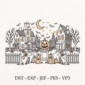 Pode incluir: Um design de bordado apresentando duas casas, uma abóbora de Halloween central num pedestal, abóboras menores, dois gatos, árvores sem folhas, morcegos e uma lua crescente. O texto DST - EXP - JEF - PES - VP3 está impresso na parte inferior da imagem.