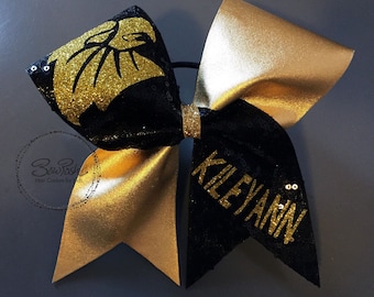 CHEER bow, gold black cheer bow, sequin cheer bow, gold cheer bow, personalized cheer bow, custom cheer bow, eagle cheer bow, mascot