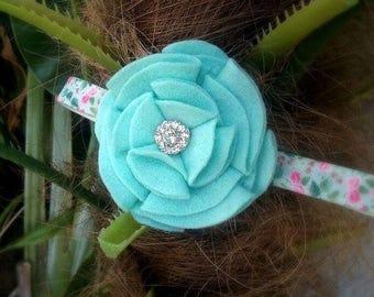 Aqua flower headband, flower headband, floral headband, rhinestone flower, felt flower, flower headband, BowPosh headband, layered flower