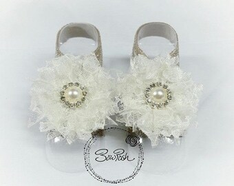 Ivory barefoot sandals, ivory baby sandals, lace barefoot sandals, glitter barefoot sandals, pearl barefoot sandals