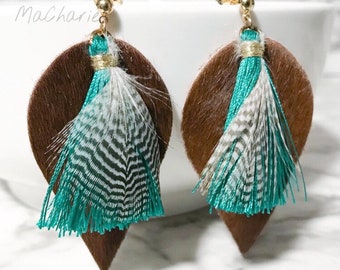 Teardrop tassel earrings, faux fur earrings, tassel earrings, feather earrings, aqua earrings, trending earrings, leather earrings, MaCharie