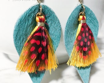 Teardrop faux fur & feather earrings, feather earrings, tassel earrings, teardrop earrings, faux fur teardrop, Teal earrings