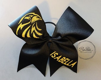 Cheer bow, black cheer bow, black gold cheer bow, personalized cheer bow, custom cheer bow, cheer team bows, cheer bow with name, eagle bow