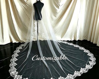 Cathedral Length Bridal Train,Personalized Embroidered Veil with Scalloped Lace,Unique Script Embroidery Gift for Bride