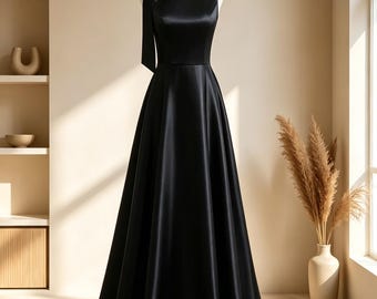 Black Prom Dress, Back to School Gala Gown, Mock Neck Evening Dress, Sleek Shoulder Bow Garden Party Outfit, Elegant Gift for Her