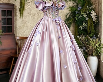 Taro Purple Satin Ballgown, Back to School Prom Dress, Off Shoulder Sequin Evening Dress, Gift for Her, Vocal Solo Recital Gown