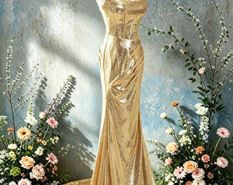 Luxury Gold Ball Gown, Strapless Sequin Prom Dress, Back to School Ball Attire, Romantic Garden Theme Wedding Dress, Shiny Gift
