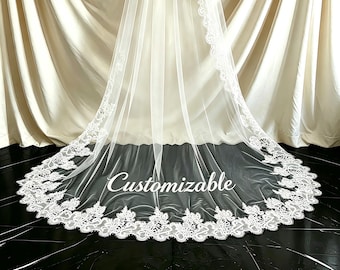 Custom Embroidered Bridal Veil, Long Chapel Length Tulle,Unique Bride Gift for Her