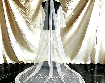 Luxurious Two-Tier Cathedral Wedding Veil in Soft Illusion Tulle,Custom Embroidery,Regal Long Double Layer Wedding Heirloom.