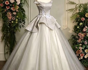 Silver Sequin Basque Peplum Prom Dress, Back to School Formal Gown, Floral Garden Party Dress, Gift for Her, Vocal Recital Ballgown